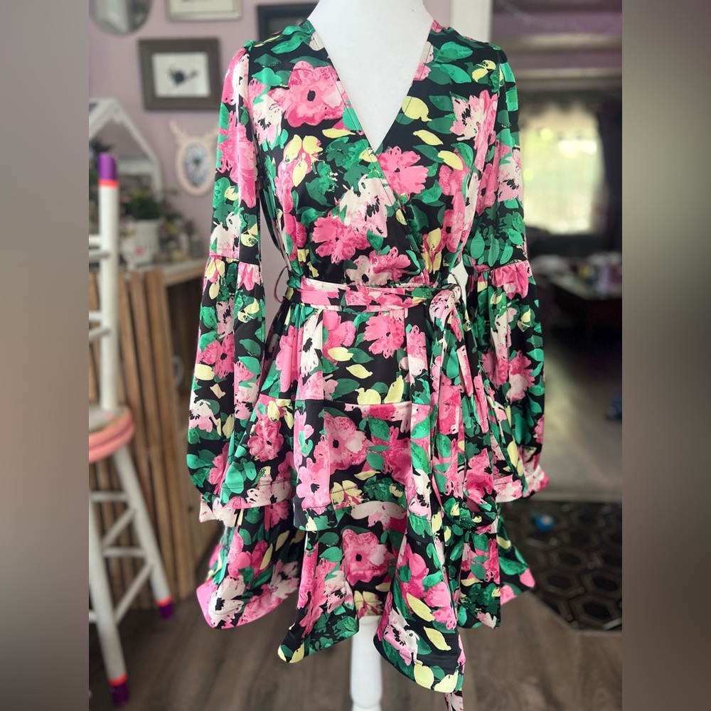 Floral Faux Wrap Bishop Sleeve Dress